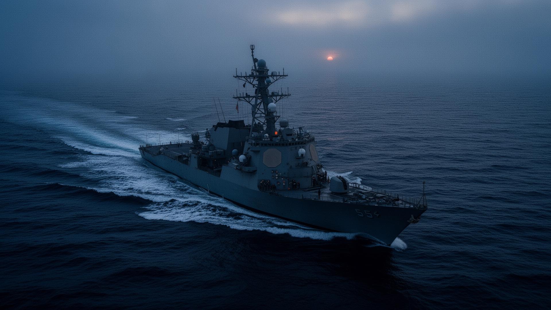 US Navy Mine Countermeasures ship at dawn